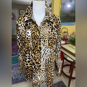 Leopard Print Button Down Cotton Shirt - Black, Brown, White
